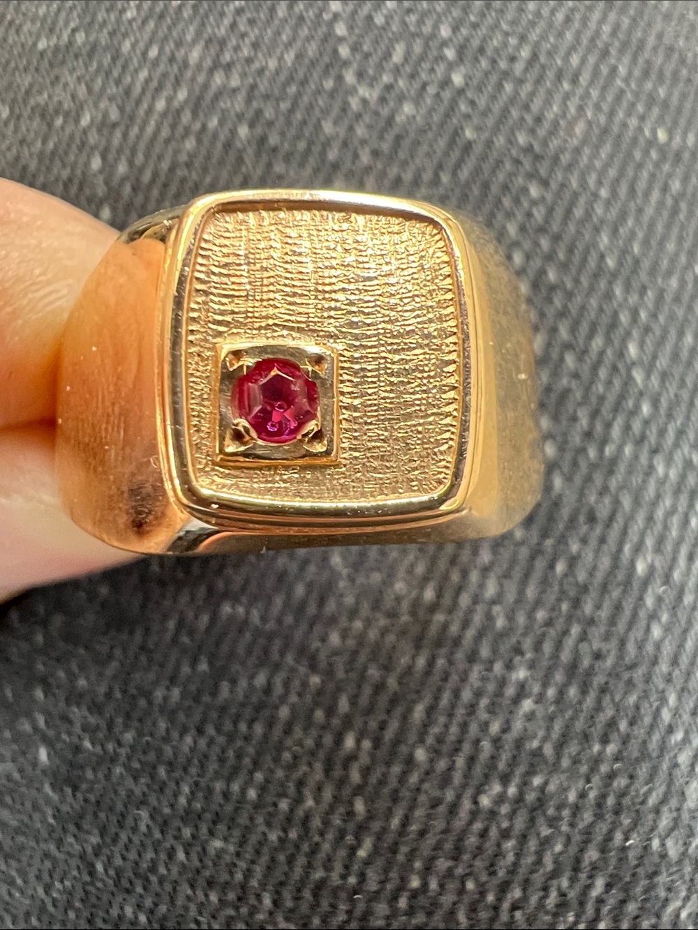 Men's Gold-Tone Signet Ring with Red Stone